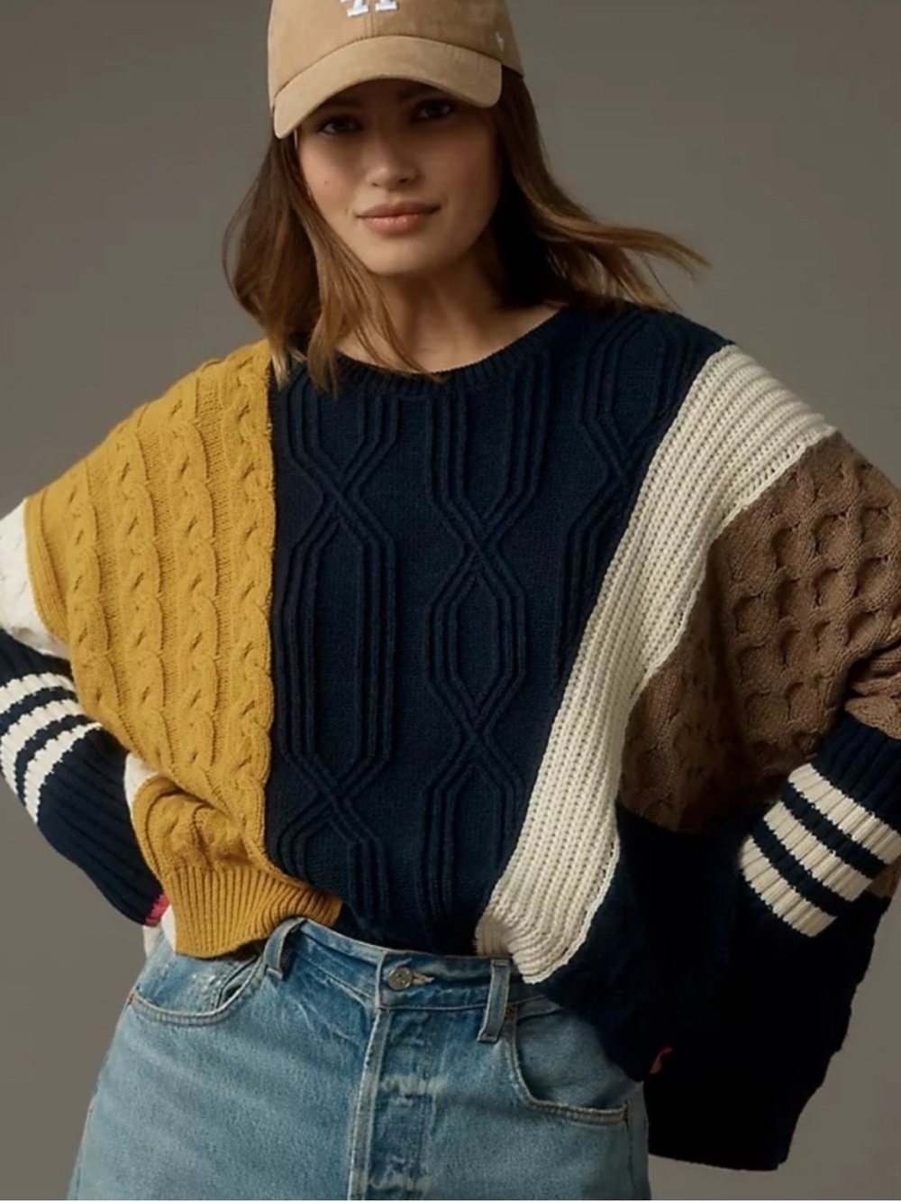 Anthropologie Colorblock Oversized Cable-Knit Sweater in Navy, Mustard & Cream